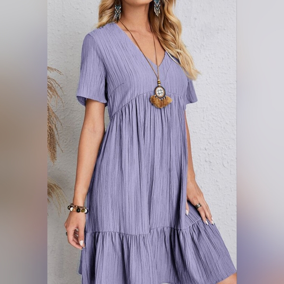 Full Size Ruched V-Neck Short Sleeve Dress - Picture 2 of 5